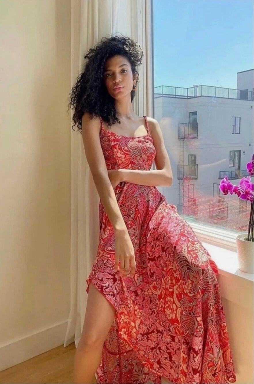 Free People Intimately Forever Yours Smocked Slip Maxi Dress Red Floral Size S